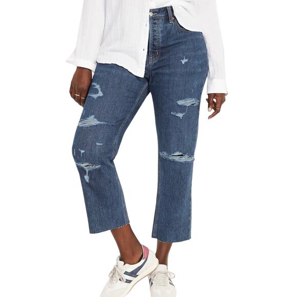 NEW OLD NAVY Blue Distressed High Waisted Button Fly Straight Leg Denim Jeans 10 - Picture 11 of 13